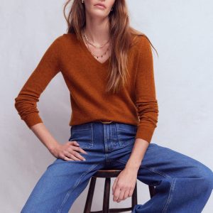 Eva Cashmere V-Neck Sweater-Cognac Melange