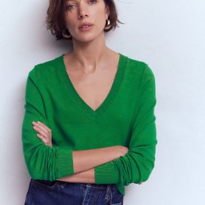 Emilia Cotton V Neck Sweater-Rich Emerald