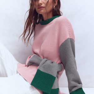 Lucy Relaxed Cotton Sweater-Pink, Grey, Green