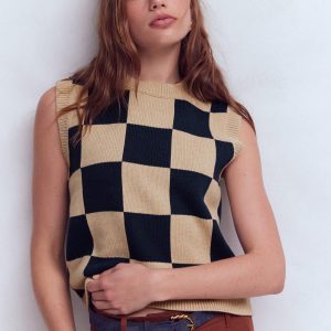 Lucy Cotton Vest-Camel / Navy Check