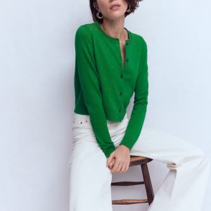 Emilia Cotton Cropped Cardigan-Rich Emerald