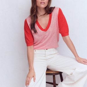 Agnes Linen V Neck T-Shirt-Pink Colour Block