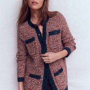 Textured Marl Cardigan-Navy/ Red Marl