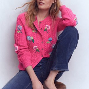 Liv Embroidered Cable Cardigan-Pink Peony