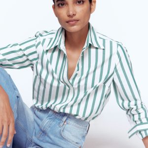 Sienna Cotton Shirt-Green and Ivory Stripe