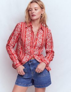 Sienna Linen Shirt-Red. Ornate Floret
