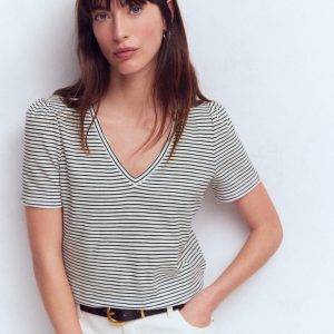 V Neck Slub T-shirt-Ivory, Navy Stripe