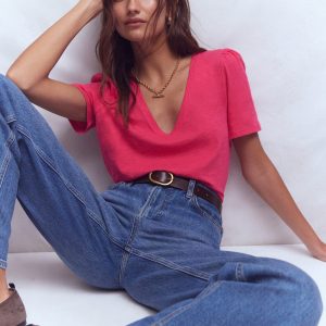 V Neck Slub T-shirt-Virtual Pink