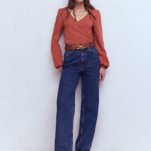 Metallic Trim V-neck Top-Barn Red