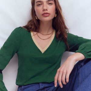 Metallic Trim V-neck Top-Trekking Green