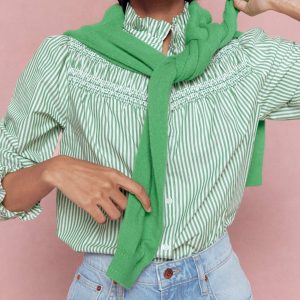 Esme Smocked Detail Frill Top-Highland Green, Ivory Stripe