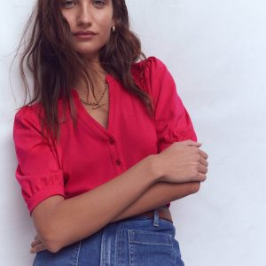 Short Sleeve Open Neck Henley-Pomegranate