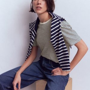 Pleat Sleeve T-shirt-Navy and Ivory Stripe
