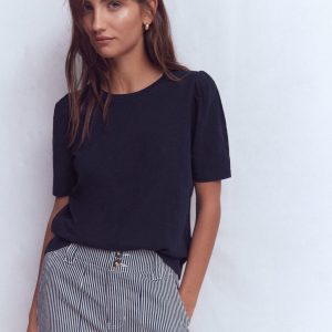 Pleat Sleeve T-shirt-Navy