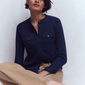 Topstitched Pocket Shirt-Navy