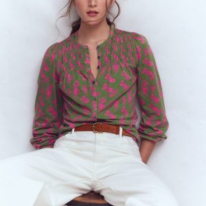 Mya Smocked Jersey Shirt-Olive, Blossomy Sprig