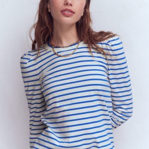 Pleat Sleeve Stripe Top-Beaucoup Blue and Ivory Stripe