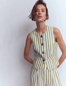 Linen Scoop Neck Waistcoat-Olive. Ivory Stripe
