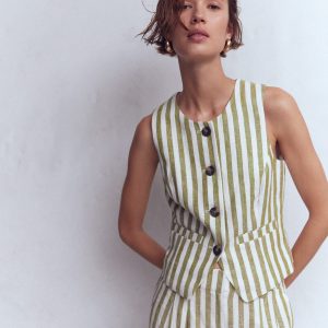Linen Scoop Neck Waistcoat-Olive. Ivory Stripe