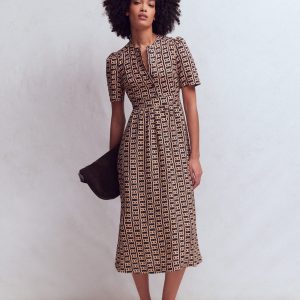Ivy Linen Midi Dress-French Navy. Rope Trellis