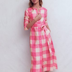 Mollie Linen Shirt Dress-Pink Punch Gingham