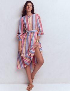 Ava Linen Blend Midi Dress-Pink. Green. Purple Multi