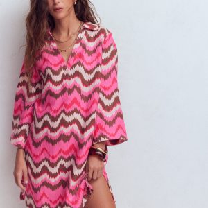 Carmen Linen Short Dress-Pink. Zig Zag Wave