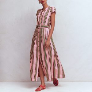 Arabella Linen Blend Dress-Pink. Rich Emerald Stripe