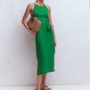 Rosa Halter Linen Midi Dress-Amazon Green