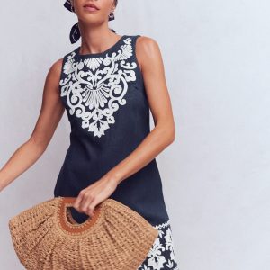 Linen Shift Dress-Navy Embrodiery