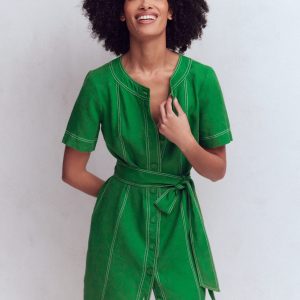 Callie Linen Short Dress-Highland Green