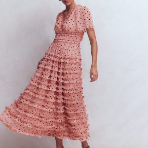 V-Neck Ruffle Tulle Dress-Ivory Black Spot