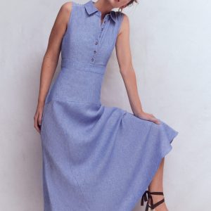 Erma Drop Waist Linen Dress-Chambray