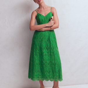 Empire Linen Broderie Dress-Rich Emerald Broderie