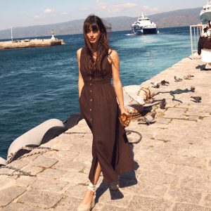 Catherine Button Linen Dress-Bitter Chocolate