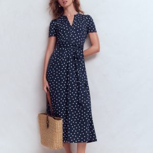Naomi Jersey Midi Dress-Navy and Ivory. Painted Dot