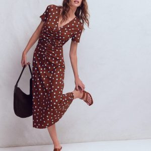 Una Ruched Front Ponte Dress-Raw Umber. Painted Dot