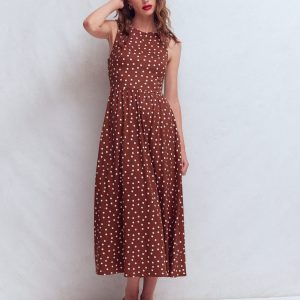 Saoirse Smocked Jersey Dress-Roasted Brown. Painted Dot