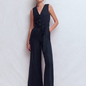 Laura V-neck Linen Jumpsuit-Navy