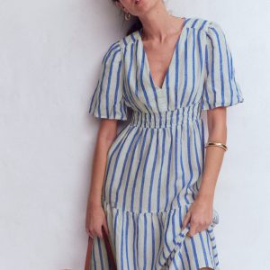 Irene Linen Midi Dress-Blue Stripe