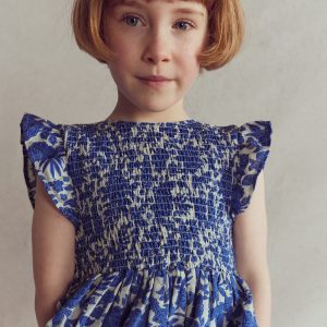Bow Back Shirred Dress-Bright Blue Jungle Woodblock
