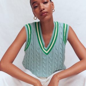 Maeve Cable V Neck Tank-Blue. Green