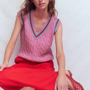 Maeve Cable V Neck Tank-Pink. Red