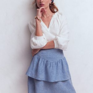 Tiered Linen Skirt-Blue Chambray