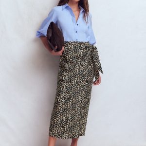 Dimitra Linen Column Skirt-Almond Milk. Cheetah Pop