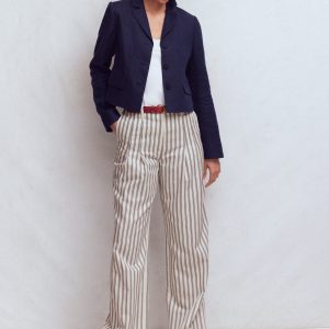 Mayfair Tailored Pants-Ivory. Navy Stripe