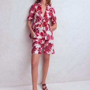 Chelsea Belted Tailored Shorts-Sangria Sunset. Floral Print