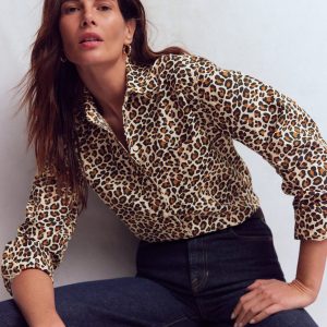 Sadie Relaxed Cotton Shirt-Soft Cream. Leopard Flow
