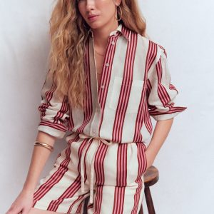 Sadie Relaxed Linen Shirt-Ivory. Brown. Pink Stripe
