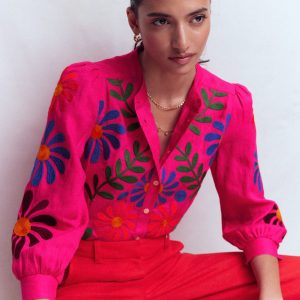 Alicia Linen Top-Pink Peony. Flower Embroidery